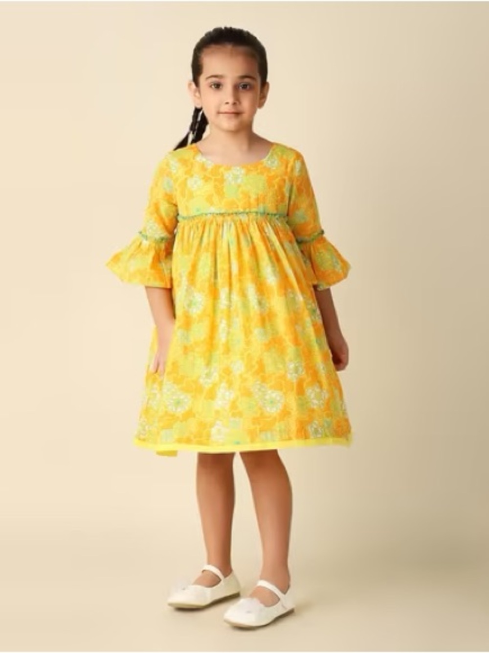 EUC FabIndia Yellow Cotton Floral Printed Dress girls size 6-8 years